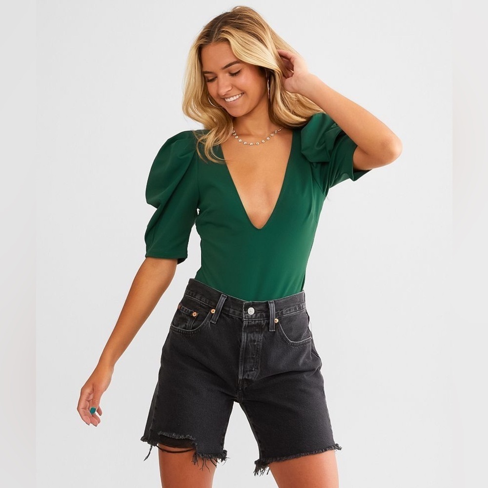 Free People Intimately Deep V-Neck Puff‎ Sleeve Bodysuit Forest Green OB1140306
